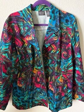 Bright Multi-Color Printed Open Front Jacket by Chicos Addition XL= 16 NWOT
